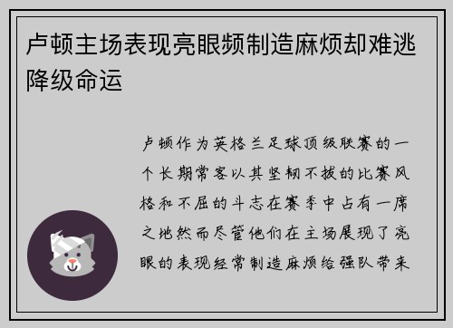 卢顿主场表现亮眼频制造麻烦却难逃降级命运 卢顿主场表现亮眼频制造麻烦却难逃降级命运