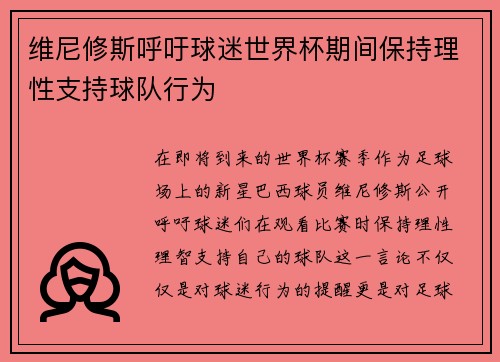 维尼修斯呼吁球迷世界杯期间保持理性支持球队行为 维尼修斯呼吁球迷世界杯期间保持理性支持球队行为