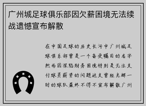 广州城足球俱乐部因欠薪困境无法续战遗憾宣布解散
